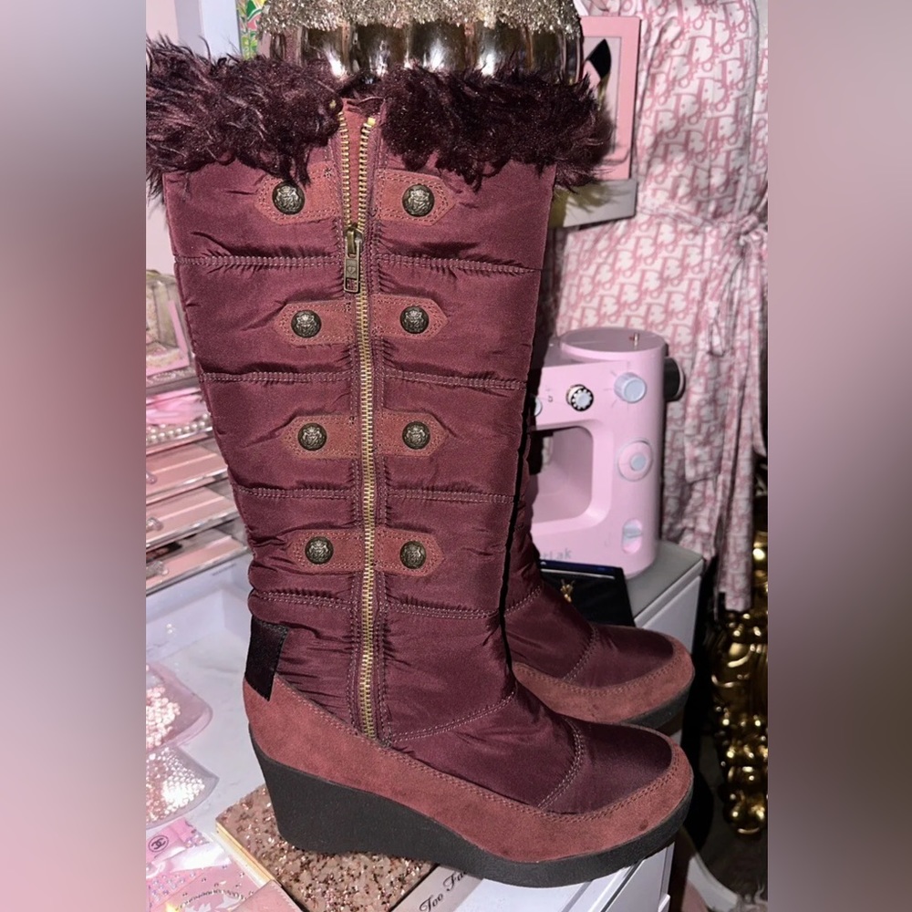 Juicy Couture Faux Fur Trim Knee High Wedge Zipper Boots - Womens 9.5